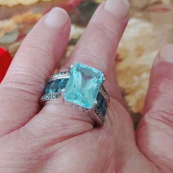 Designer Sterling Blue Glacier Topaz  London Blue & Blue Diamond Ring Size 10 - Picture 7 of 9